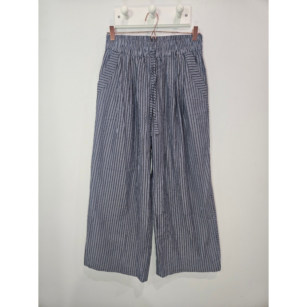 Umgee Womens Blue White Striped Wide Leg Elastic Waist Drawstring Pants Size M